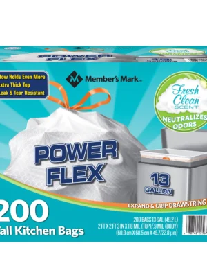 Member's Mark Power Flex Tall Kitchen Drawstring Trash Bags, Fresh Scent (13 gal., 200 ct.)