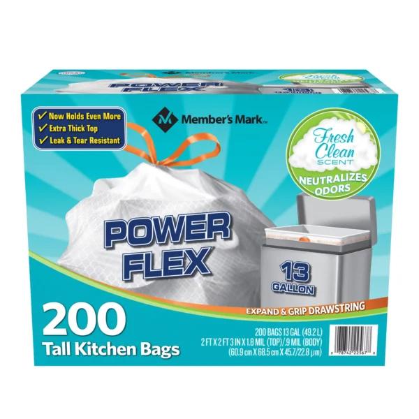 Member's Mark Power Flex Tall Kitchen Drawstring Trash Bags, Fresh Scent (13 gal., 200 ct.)